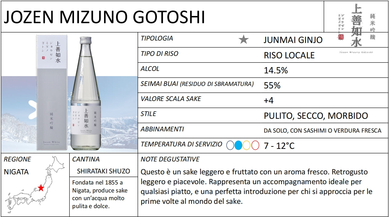 Shirataki Shuzo Jozen Mizuno Gotoshi Junmai Ginjo 720ml 純米吟醸　上善如水　ジョウゼンミズノゴトシ