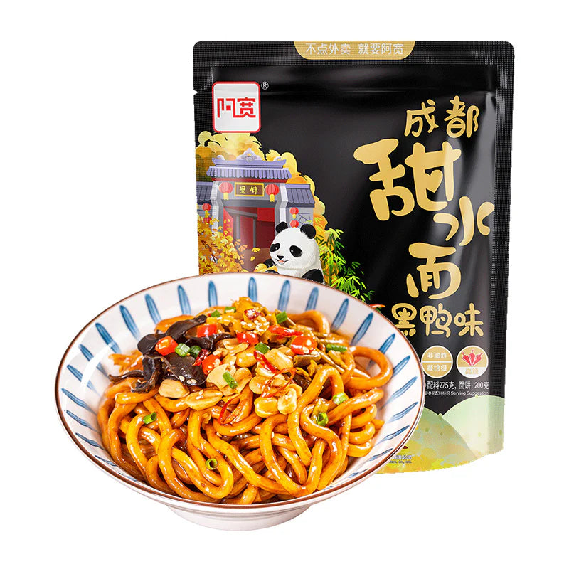 AKuan pouch Sweet Instant Noodle with Spicy Duck 270g 阿宽甜水面 黑鸭味